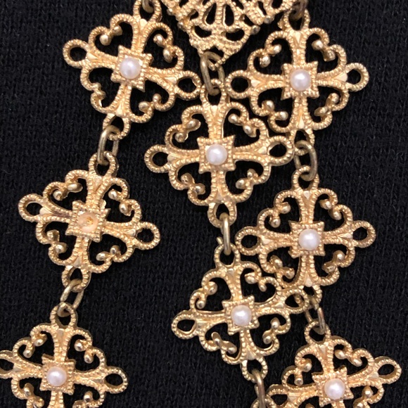 Filigree Gold and Pearl Chandelier Earrings - Picture 6 of 6